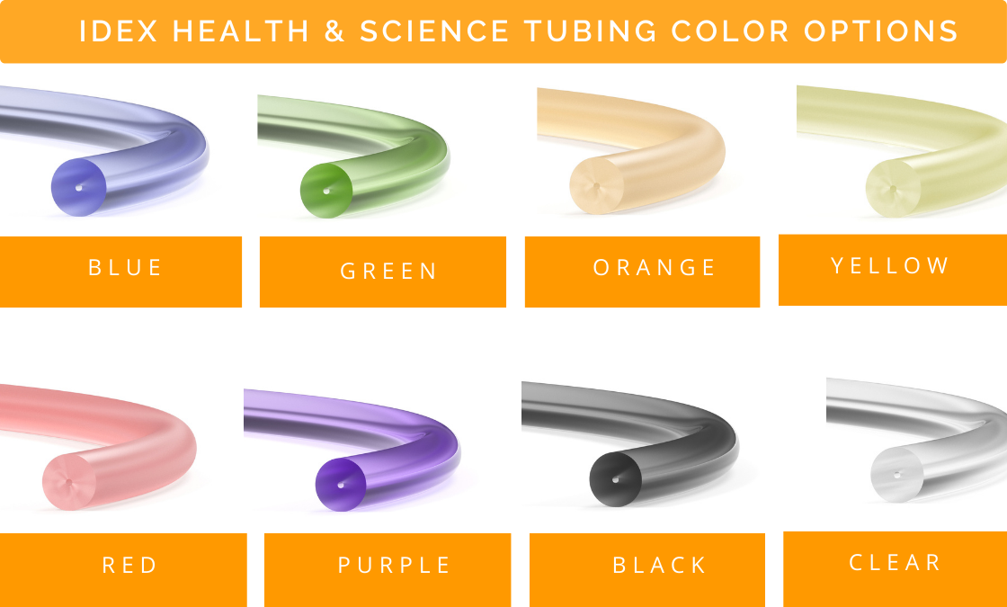 IDEX Health & Science tubing color options- blue, green, orange, yellow, red, purple, black, clear, and more available upon request