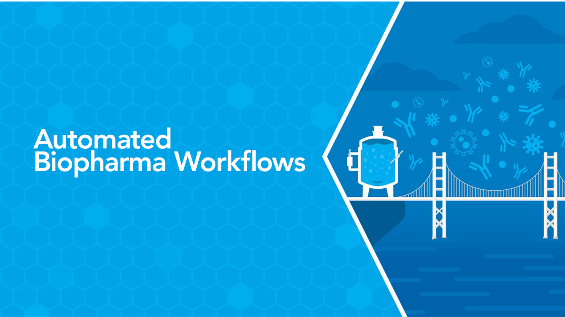 Image showing a bioreactor with text automated biopharma workflows