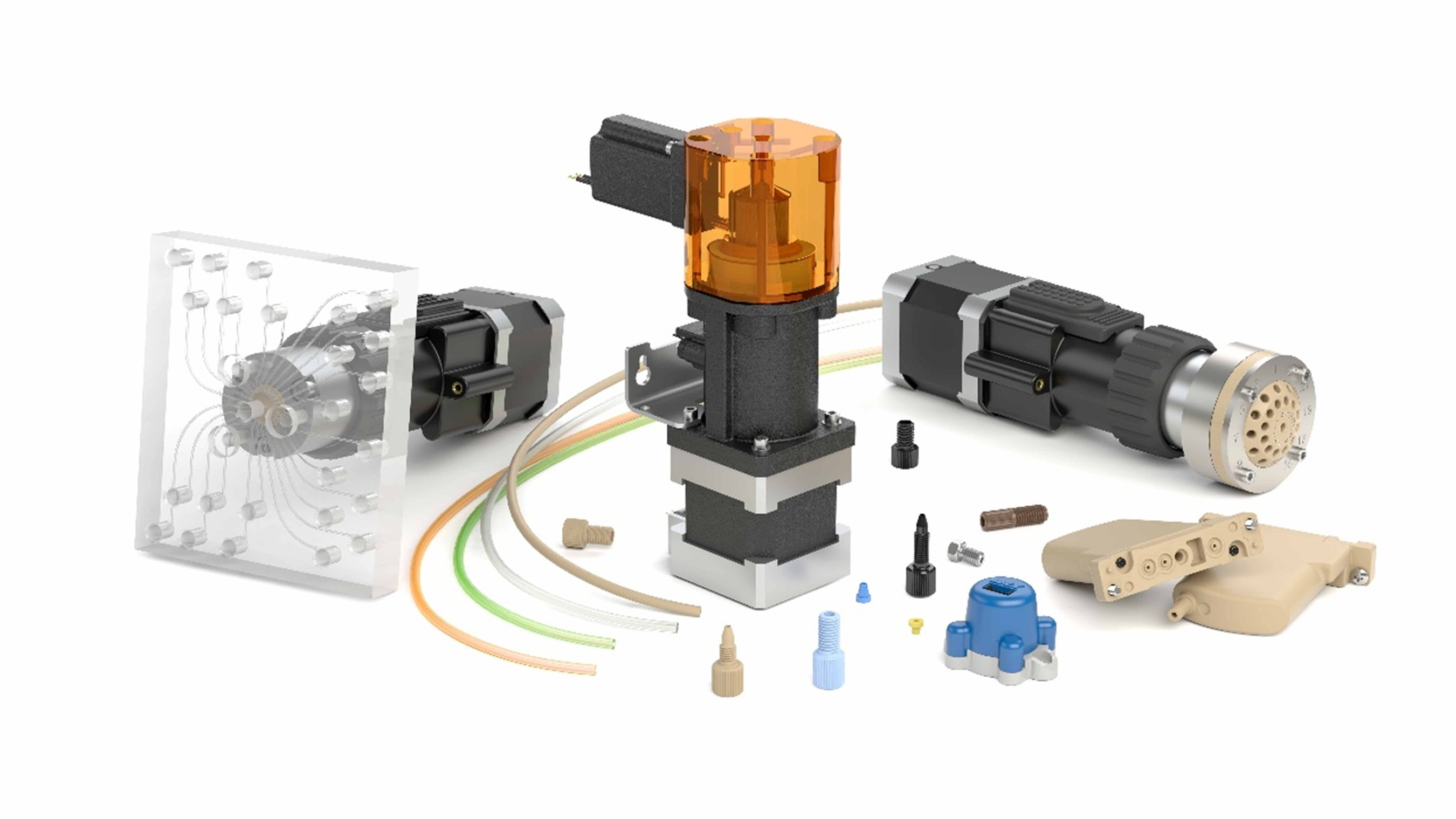 group of fluidics products IDEX Health & Science valve assemblies, tubing, fittings, degassers, and sensor