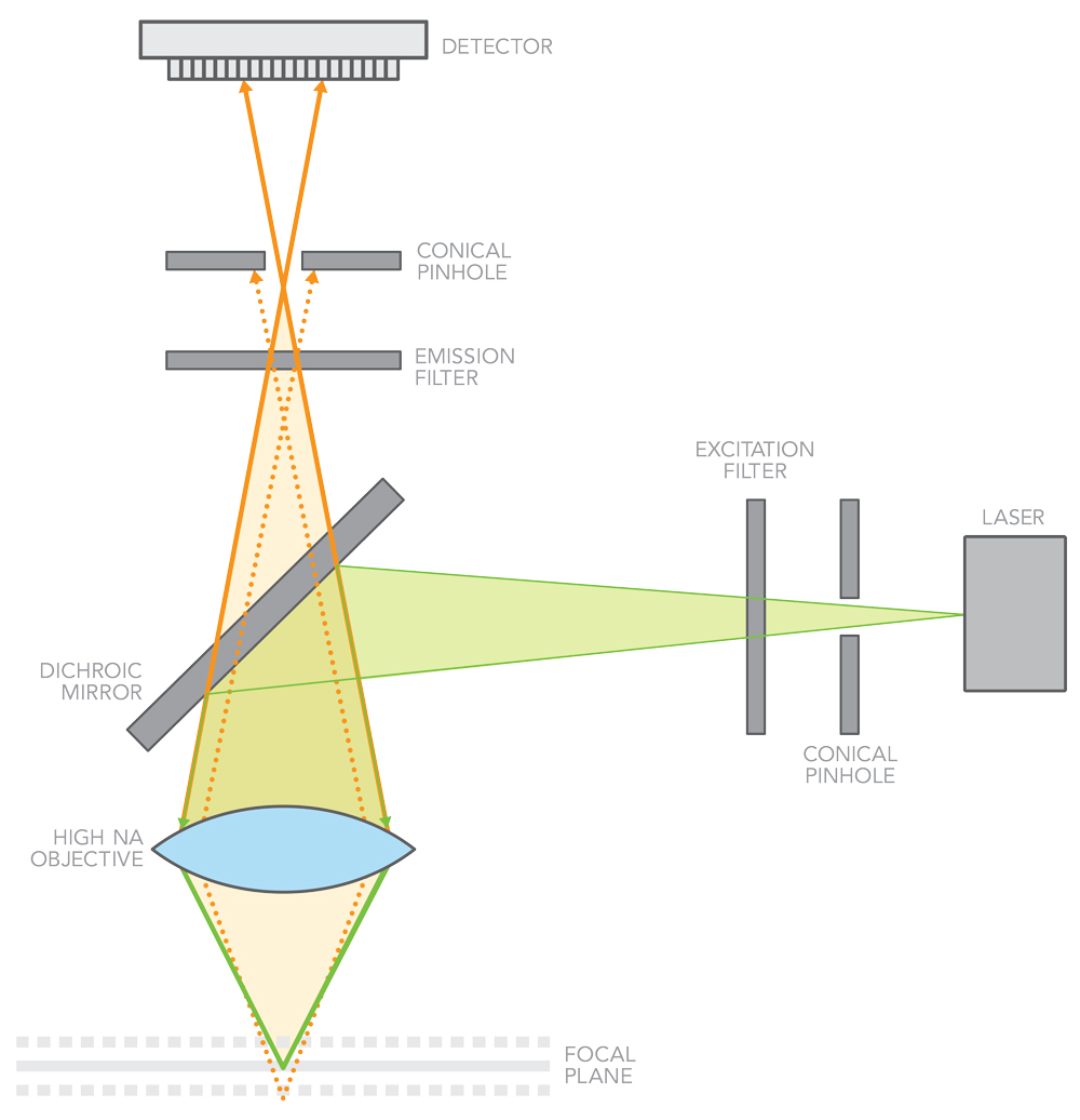 laser beam is focused on the sample to provide excitation at a single point, and detection uses a single-element detector